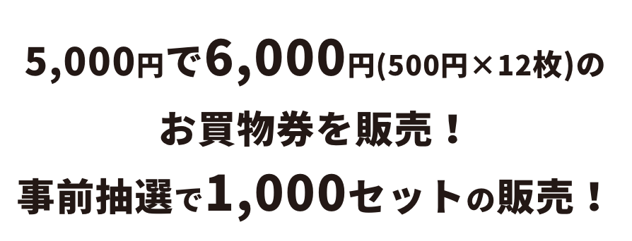 5,000円で6,000円分(500円×12枚)のお買物券販売！事前抽選で1,000セットの販売！